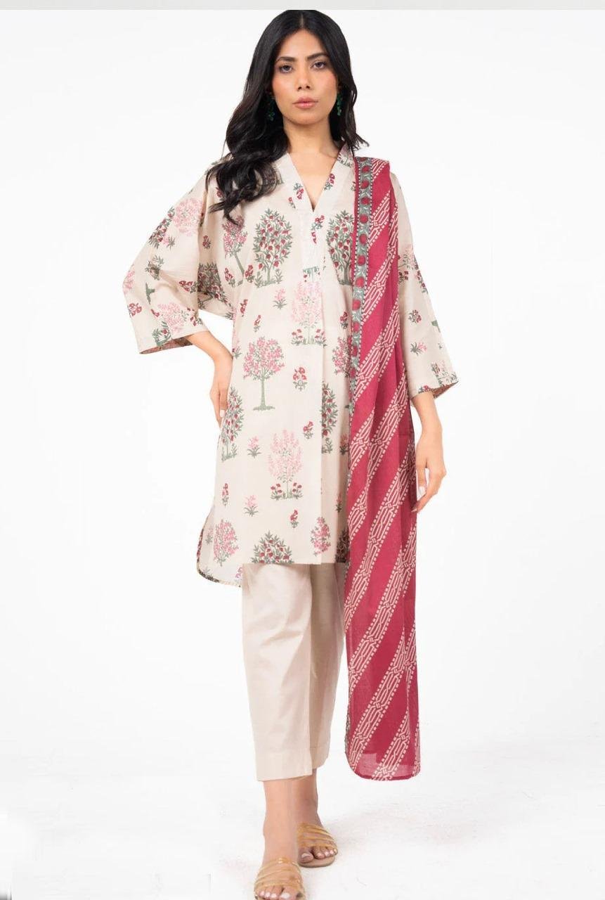 Unstitched Printed 3-Piece Suit with Red Dupatta